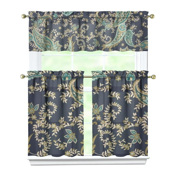 Retro Floral Kitchen Curtains 3-Piece Set - Classic Vintage Paisley Design, Short Rod Pocket Window Panels (54x18 27.5x36x2), Boho Chic Farmhouse Decor