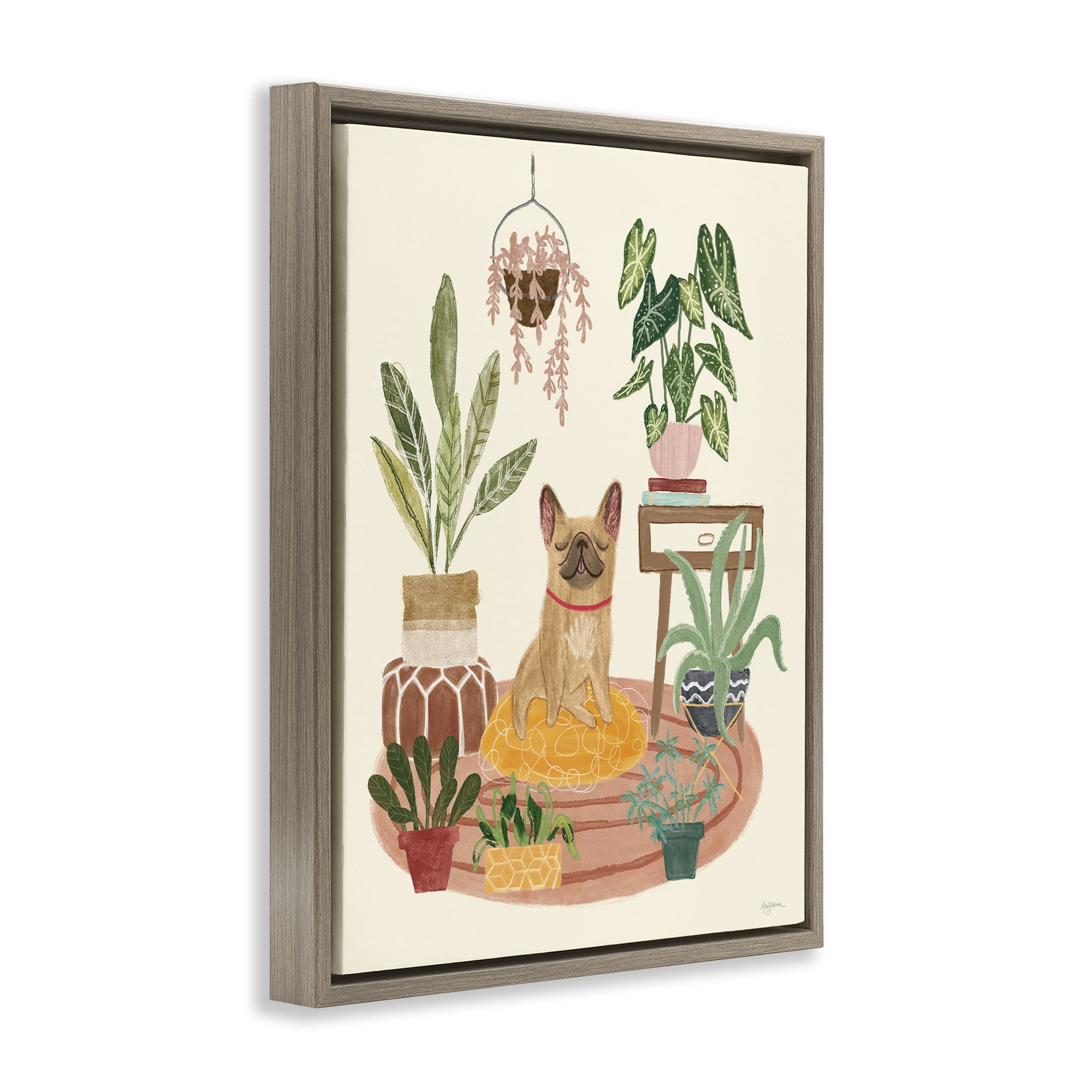 Stupell Industries Pug Dog with Plants Animals & Insects Painting Brown Floater Framed Canvas Art Print Wall Art, 17 x 21