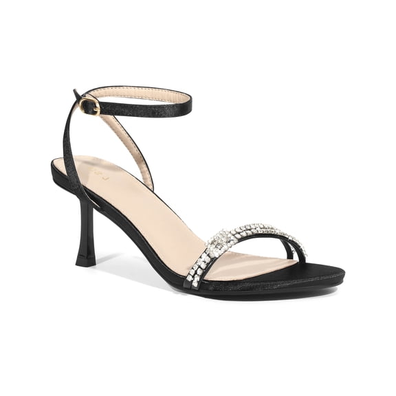 BLISSFUL STEP Rhinestone Stiletto Heels Open Toe Ankle Strap Sandals for Women Black (Size 6)
