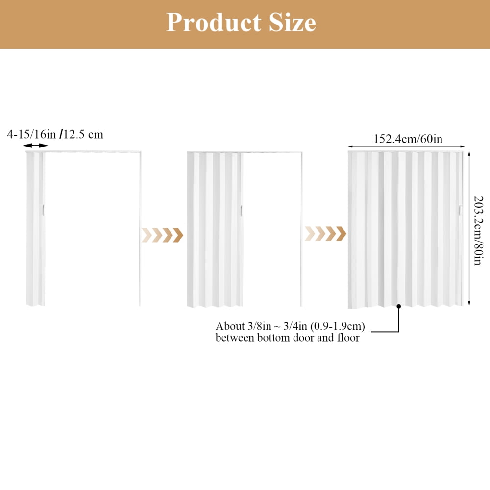 60"x80" White PVC Accordion Style Door - Space Efficient Sliding System for Bedrooms & Walk-In Closets