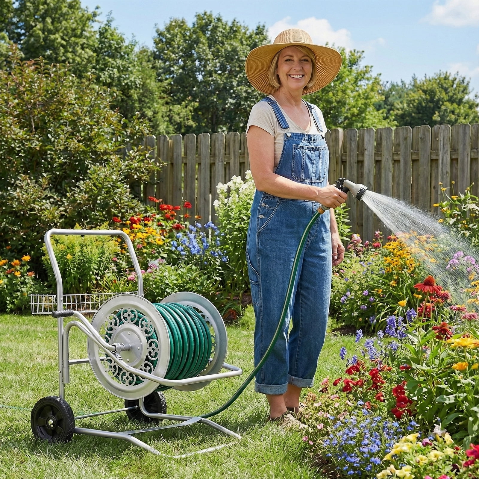 Ktaxon 200FT Garden Hose Reel Cart, Heavy Duty Mobile Steel Reel with Wheels for Outdoor Storage, Silver