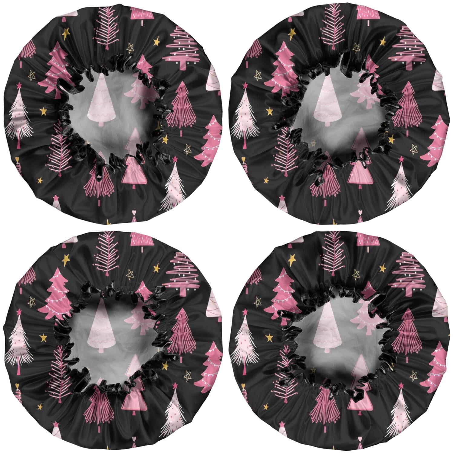Shower Caps,Black and Pink Christmas Tree Pattern Waterproof Shower Cap for Women 4 Pieces,Double Reusable Hair Cover for Shower PEVA Elastic Stretch Hem