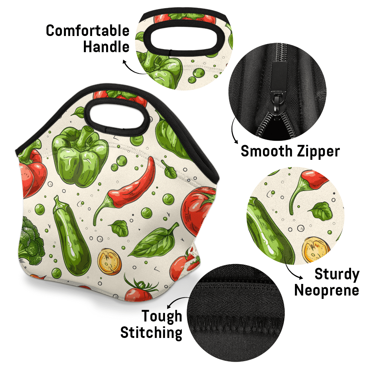 Herdesigns Food Neoprene Lunch Bag, Vegetable Insulated Lunch Box for Women Men Washable Lunch Tote Soft Lunch Container With Zipper for Work Picnic Travel
