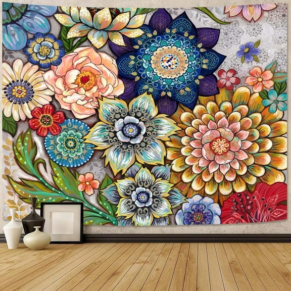Colorful Floral Tapestry Wall hanging, Bright Boho Fabric Blossom Tapestries, Multi Color Tapestry for Bedroom Home Hippie Wall Decor 50×60 inch