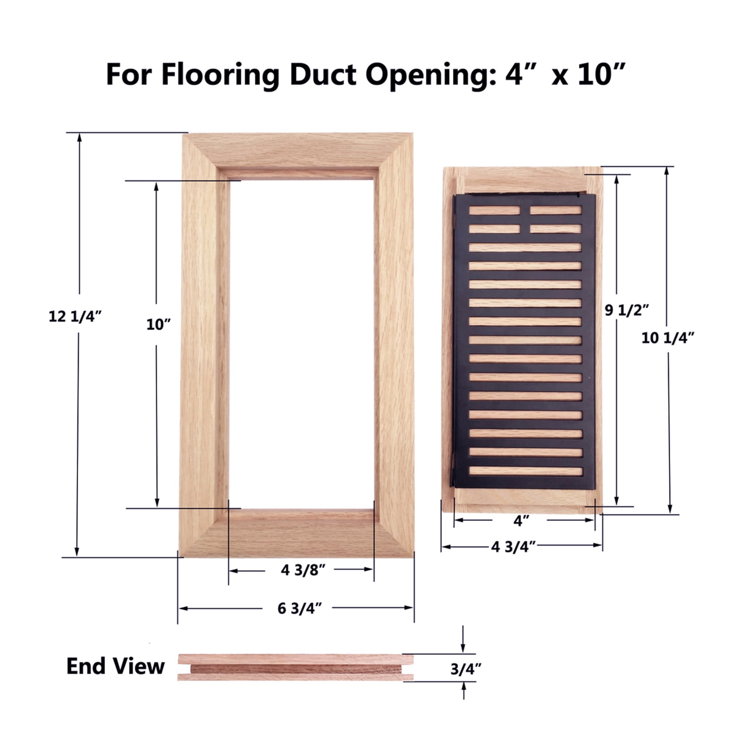 Razo White Oak Hardwood Flush Mount Floor Register with Metal Vent and Damper, 4x10 Inch, Unfinished