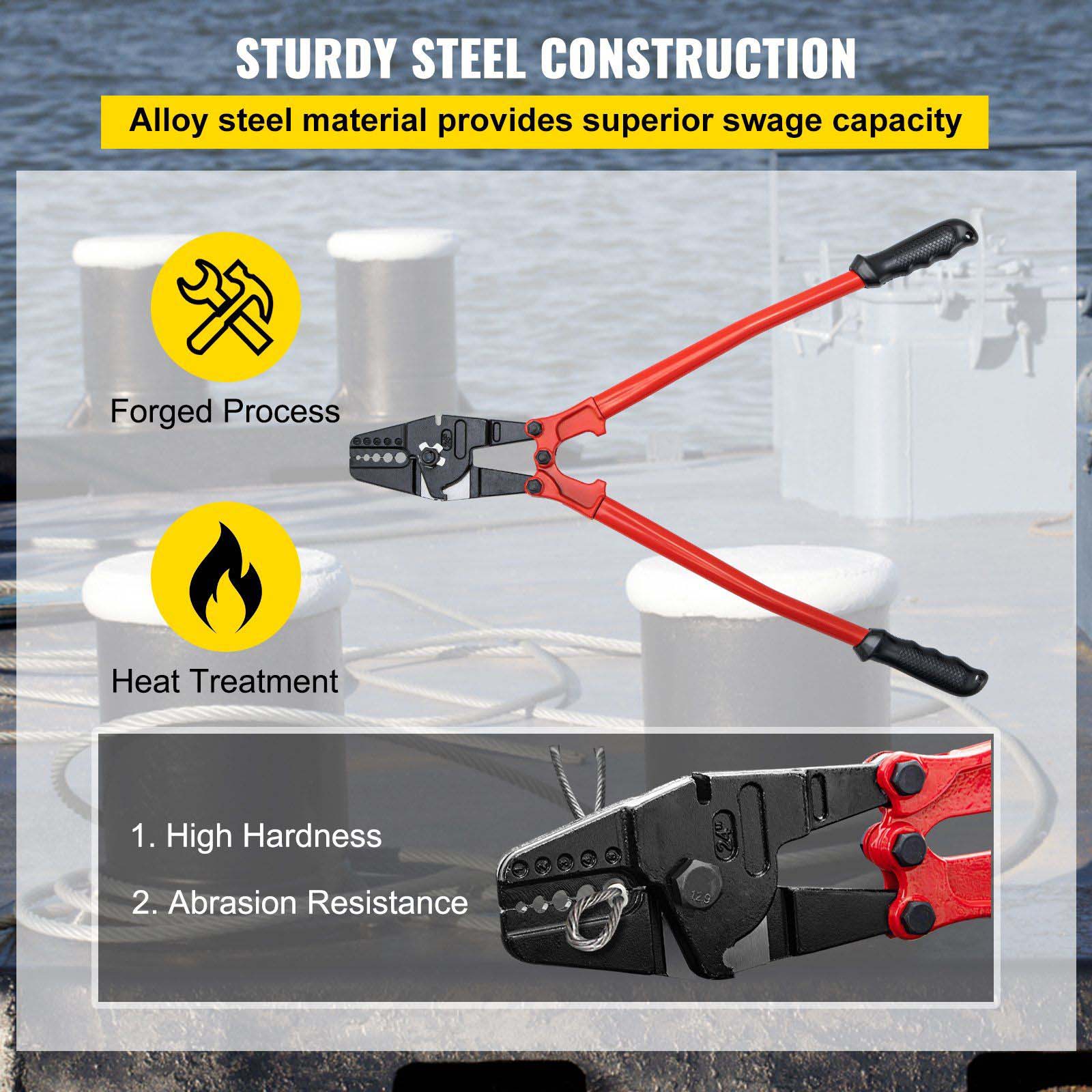 24" Hand Swager Cable Cutter 1/16"-3/16" Wire Rope Crimping Tool, 5-Cavity Steel Swage Kit with Labor-Saving Handle & Cutter for Aluminum Sleeves