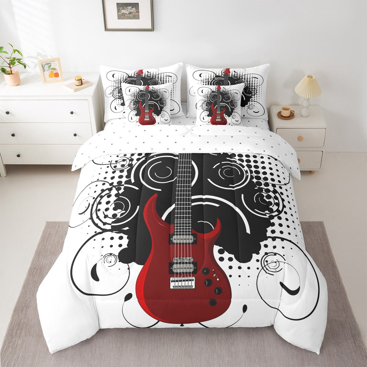 jejeloiu Red Guitar Twin Bedding Sets 7-Piece,Music Theme Bedding Comforter Set,Musical Instrument Sheet Sets For Children,Super Cozy Room Decor
