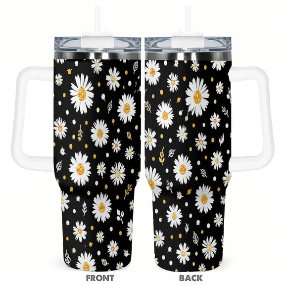 40oz Black Daisy Travel Tumbler with Handle and Straw Lid White Floral Insulated Car Coffee Cup Gift for Women