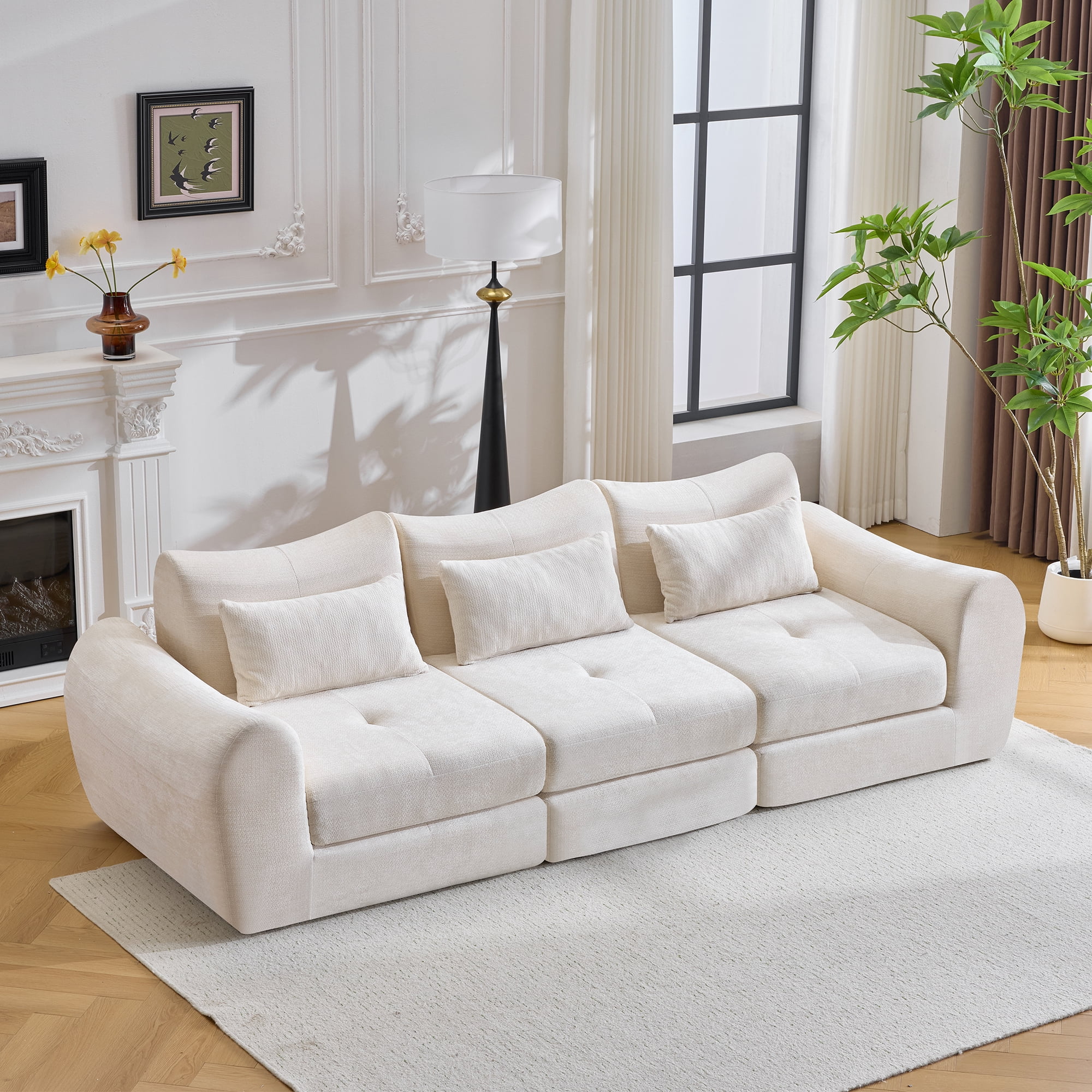 BSHTI 101.58" Chenille Modular Cloud Sofa, Comfortable Sectional Sofa with Convertible Folding Design for Living Room（White）