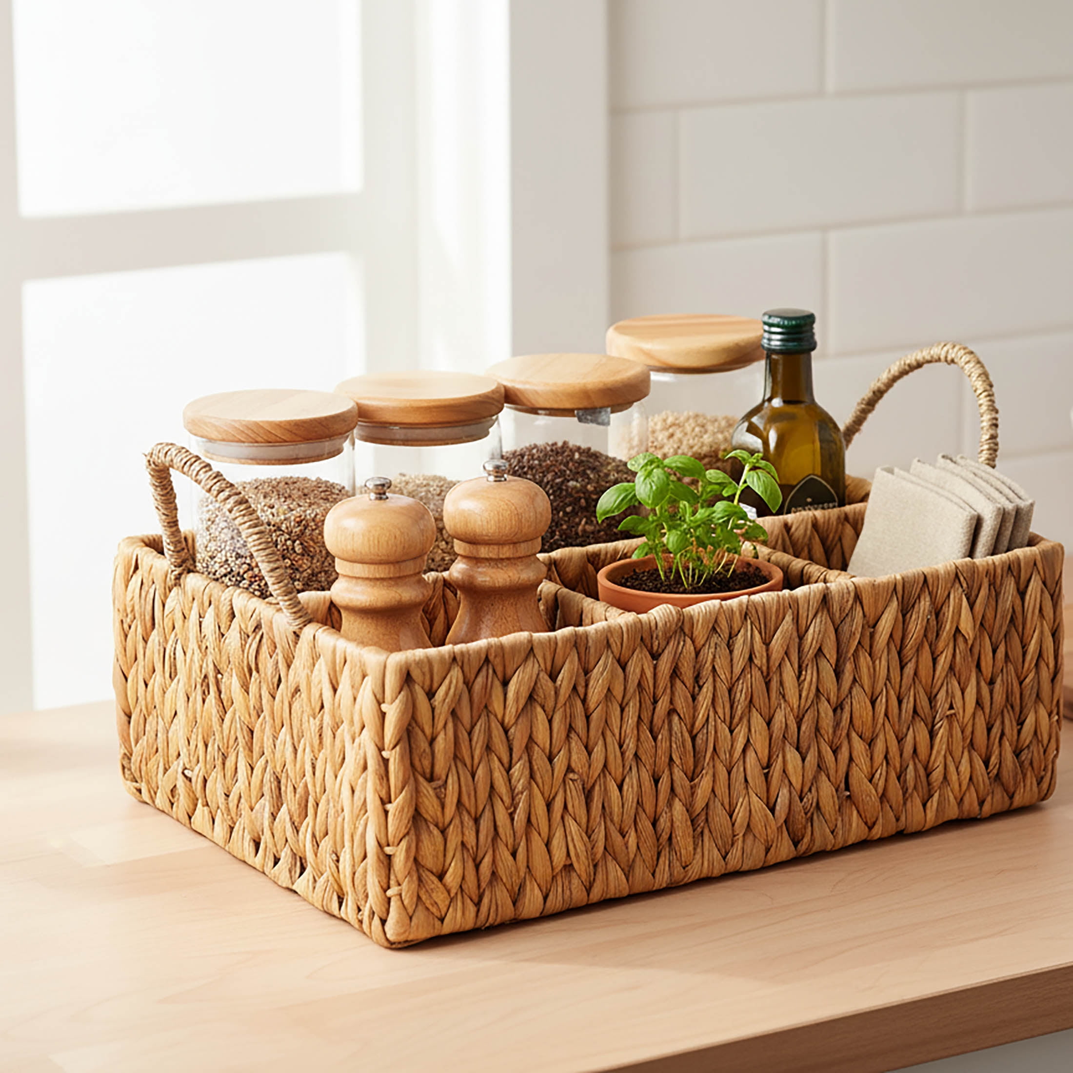 Laquedecraft Wicker 4 Section Rectangular Divided Storage Basket  for Organizing Bathroom Kitchen Shelves