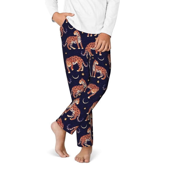 Gukieu Leopard Print Print Youth Home Trousers, Elastic Waistband with Pockets for Home and Outing, Suitable for Children Aged 5-16-XS(5-6)
