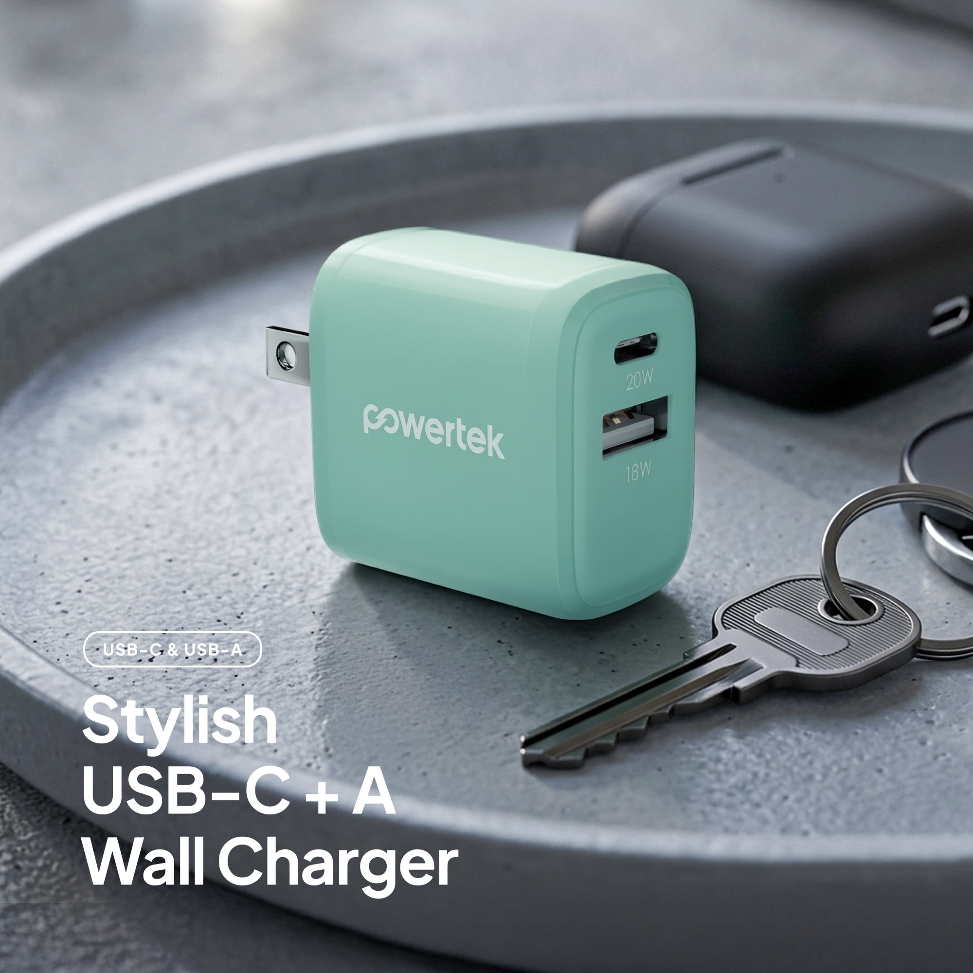 Powertek 20W USB-C PD + 18W USB-A Dual Port Wall Charger, Two-Tone Pastel, Mint