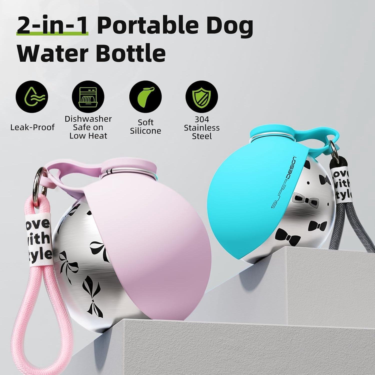 2-in-1 Portable Dog Water Bottle Leak-Proof & Compact Dog Travel Water Bottle 10Oz Stainless Steel Bottle & Silicone Bowl Go Out Puppy Walking Travel Leakproof Drink Container Travel Bottle (Pink B)