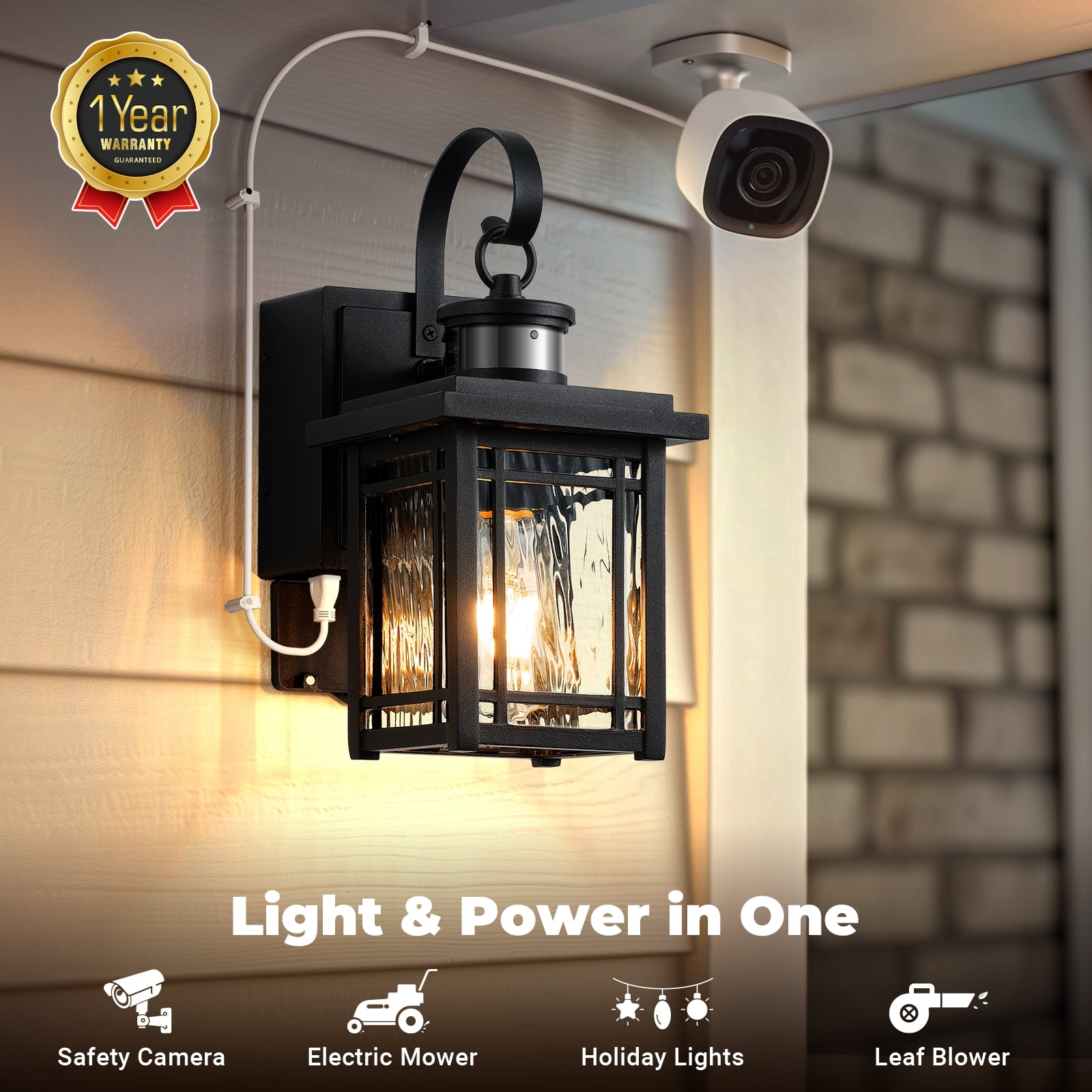 OPAXIS Led Porch Light with GFCI Outlet, Motion Sensor Outdoor Light Fixtures Wall Mount, Black Carriage Lights Exterior with Ripple Glass, Anti-Rust Outside Garage Lights for Patio, Front Door