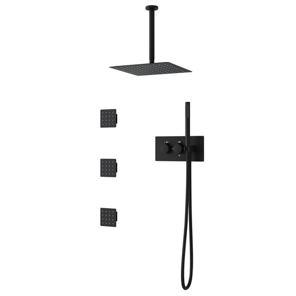 ANGELES HOME 12" Ceiling Mounted Shower System, 3-function Diverter Shower Faucet Set, Shower System with 3 Square Body Jets, Rainfall Shower Fixtures with Thermostatic Mixing Valve, Matte Black