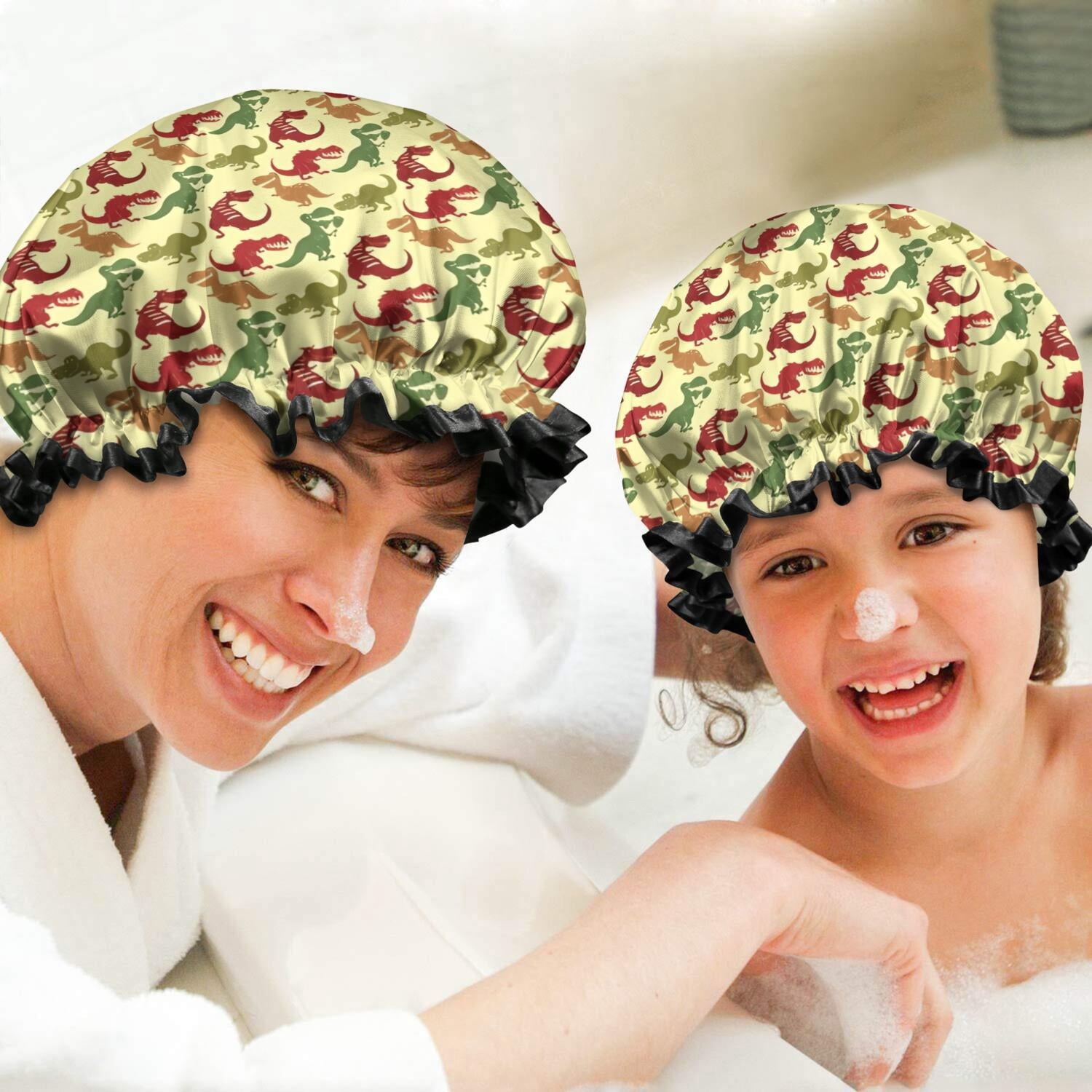 Shower Caps,Yellow Cartoon Dinosaurs Pattern Waterproof Shower Cap for Women 4 Pieces,Double Reusable Hair Cover for Shower PEVA Elastic Stretch Hem