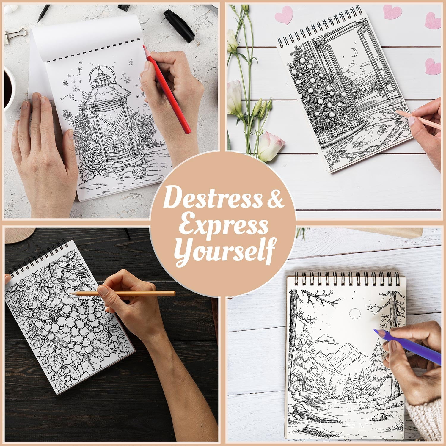Netecom Wonderful Christmas Coloring Book Spiral Bound For Adults, A5 Wooden Cover, 30 Charming Coloring Pages of Holiday Decorations for Stress Relief and Relaxation