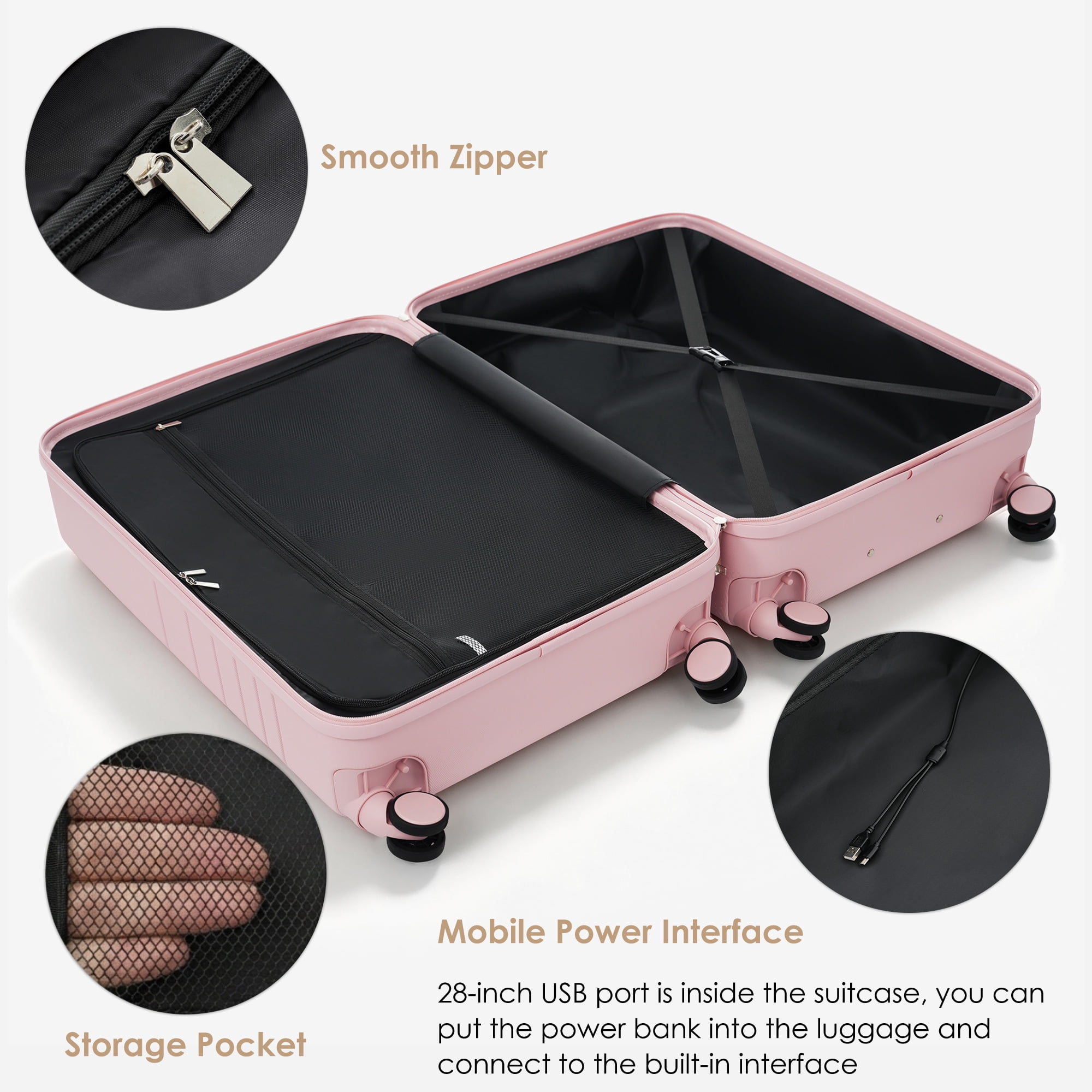 Euroco 4 Piece Luggage Sets, 20" Carry On Luggage with Front-Opening & Cup Holder, 20/28inch Hardside Suitcase Set with USB Charging Ports,TSA Lock & Spinner Wheels for Travel,Pink