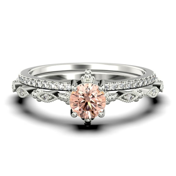 Antique Dazzling Boho & hippie 1.75 Carat Round Cut Morganite And Diamond Moissanite Unique Engagement Ring, Wedding Ring in10k Solid White Gold, Affordable Gift For Woman, Bridal Set, Matching Band