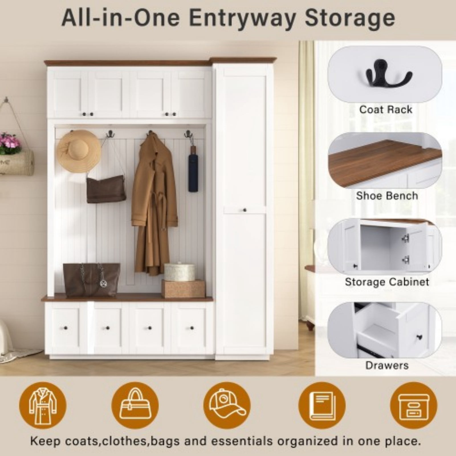 79"H Farmhouse Entryway Hall Tree with Storage Bench, 5-in-1 Coat Rack Shoe Bench with Cabinets, Drawers & Metal Hooks, Freestanding Mudroom Organizer, MDF Entryway Storage Cabinet, White