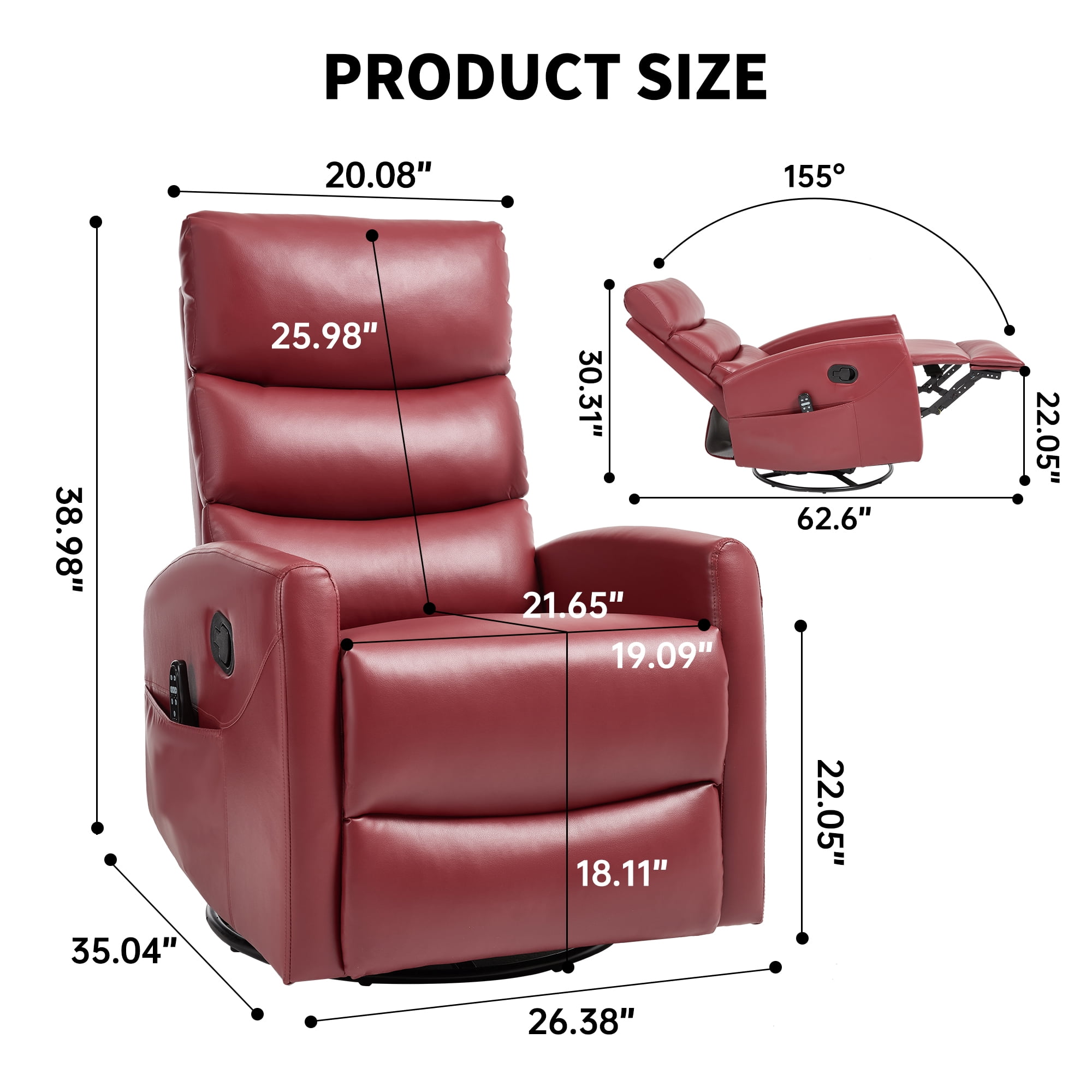Aukfa 360° Swivel Recliner Rocking Chair with Massage and Heat for Living Room & Nursery, Leather, Red