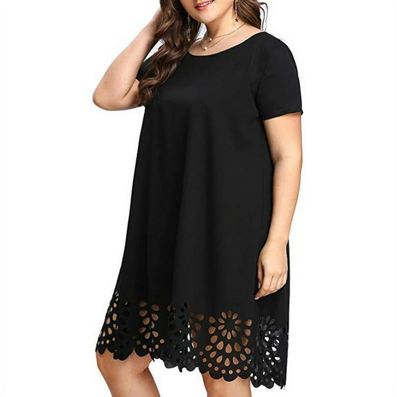 Pntutb Womens Clearance,Plus Size Fashion Women's Solid Short Sleeve O-Neck Hollow Out Casual Dress