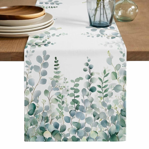 Eucalyptus Leaves Table Runner, Teal Botanical Summer Weeping Washable Cotton Linen Table Runners 90 Inches Long, Dresser Scarf Runner for Dining/Coffee/Kitchen/Hallway Tables 13''x90''