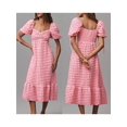thumbnail image 4 of Gupgi Women's Puff Sleeve Midi Dress Solid Color Bubble Textured Smocked Sweetheart Neck Ruffled Flowy Dress, 4 of 6