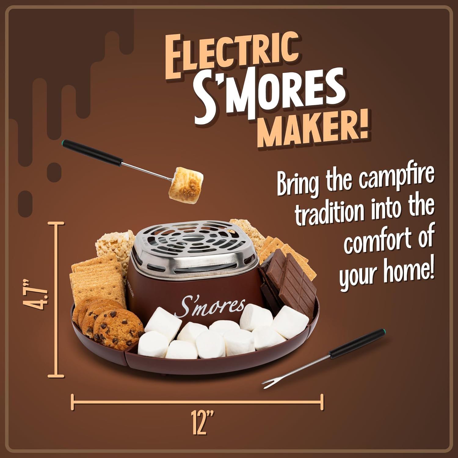 Nostalgia Indoor Electric Smores Maker Smores Kit with 4 Marshmallows Roasting Forks, Brown - image 2 of 6