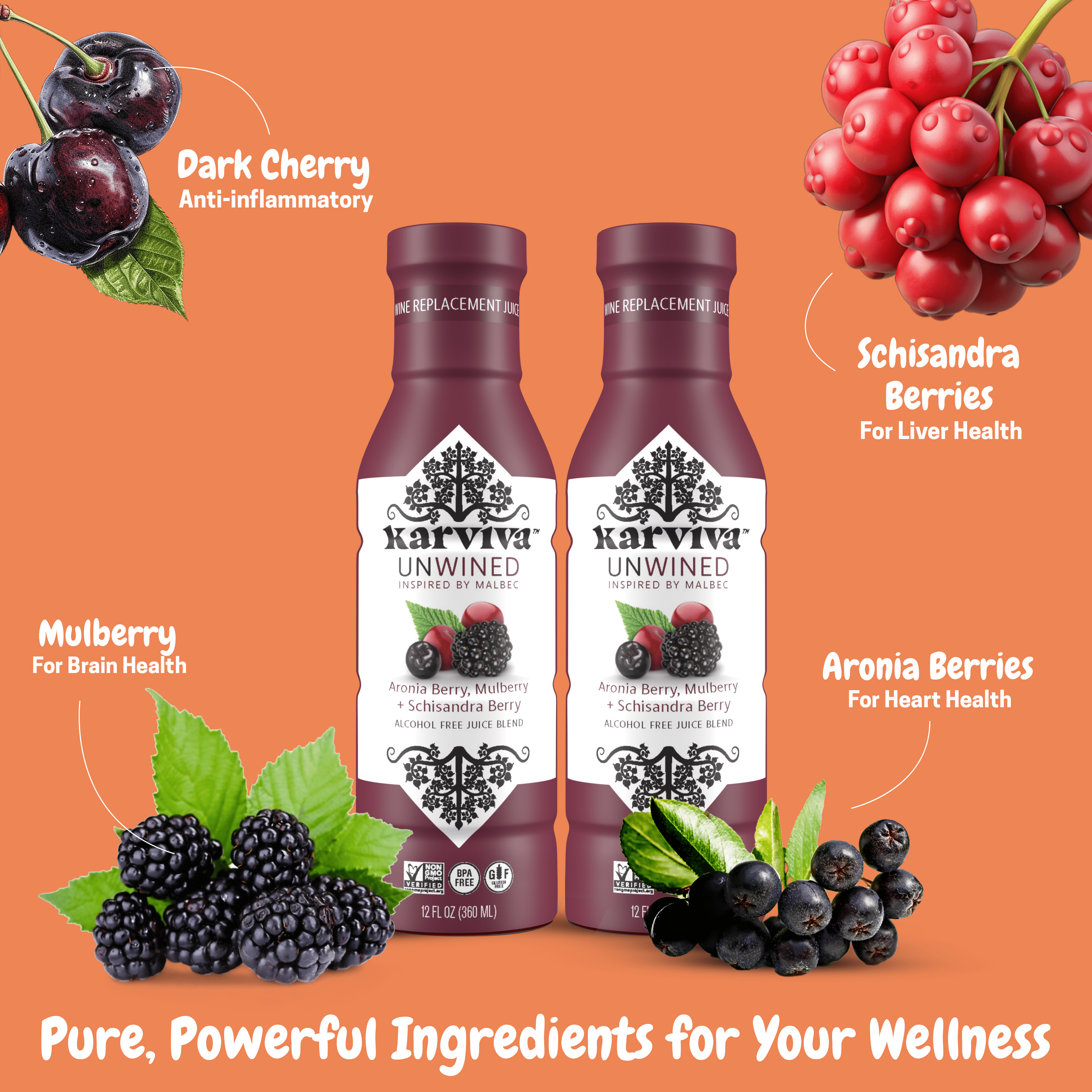 Karviva Unwined Non-Alcoholic Wine, Organic Malbec Alternative, 4-Pack, 12 fl oz, Low-Sugar, Sulfite-Free, Herbal Antioxidant Blend, Perfect for Mocktails & Cocktails