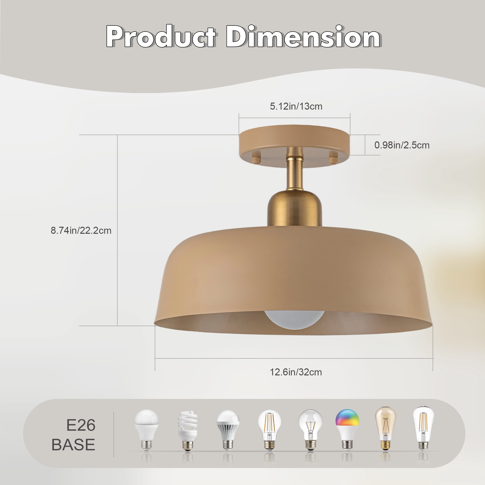 FTL Modern Semi Flush Mount Ceiling Light Brown and Gold Metal Shade 12.6" Mid Century Close to Ceiling Light Fixture for Kitchen Hallway Entryway Foyer Bedroom Laundry Room