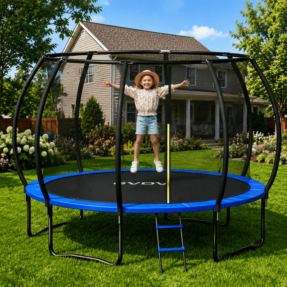 GVDV 10FT Outdoor Trampoline, Backyard Recreational Pumpkin Trampoline with Enclosure for Kids