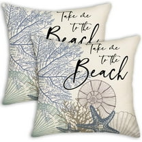 Take Me to The Beach Summer Throw Pillow Covers 18x18 Set of 2 Nautical Coastal Beach Themed Ocean Seashell Coral Starfish Linen Decorative Outdoor Cushion Case for Bedroom Living Room