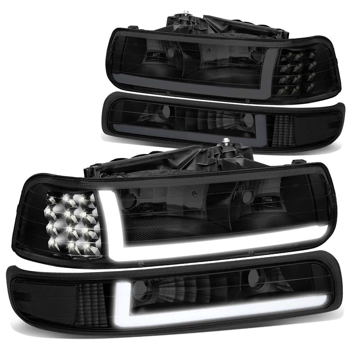DNA Motoring Black 3D LED Headlights & DRL Bumper Lights For 03-07 Silverado Avalanche - Complete Set