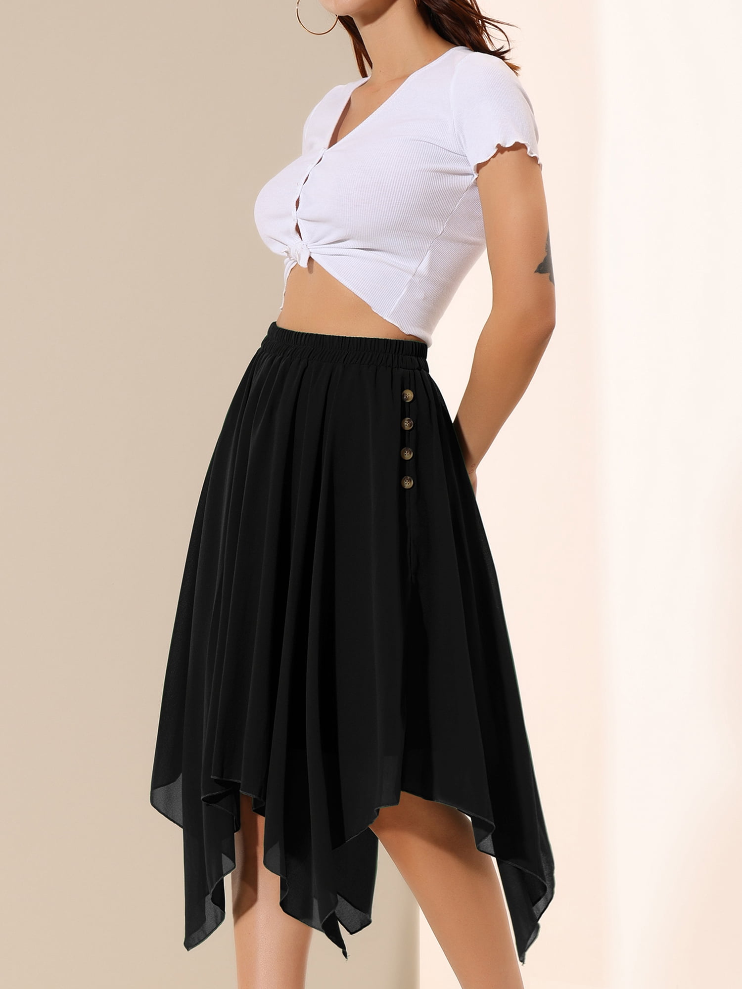DARING DIVA Women's Asymmetrical Hem Elastic Waist Chiffon Flowy Midi Skirt Small Black