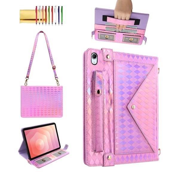 Allytechgroup Handbag Case for Samsung Galaxy Tab S11 5G 11 Inch 2025,  Stand PU Leather Multi-Card Slots Envelope Pocket Wallet Cover with Shoulder Strap for Women Men, Pink