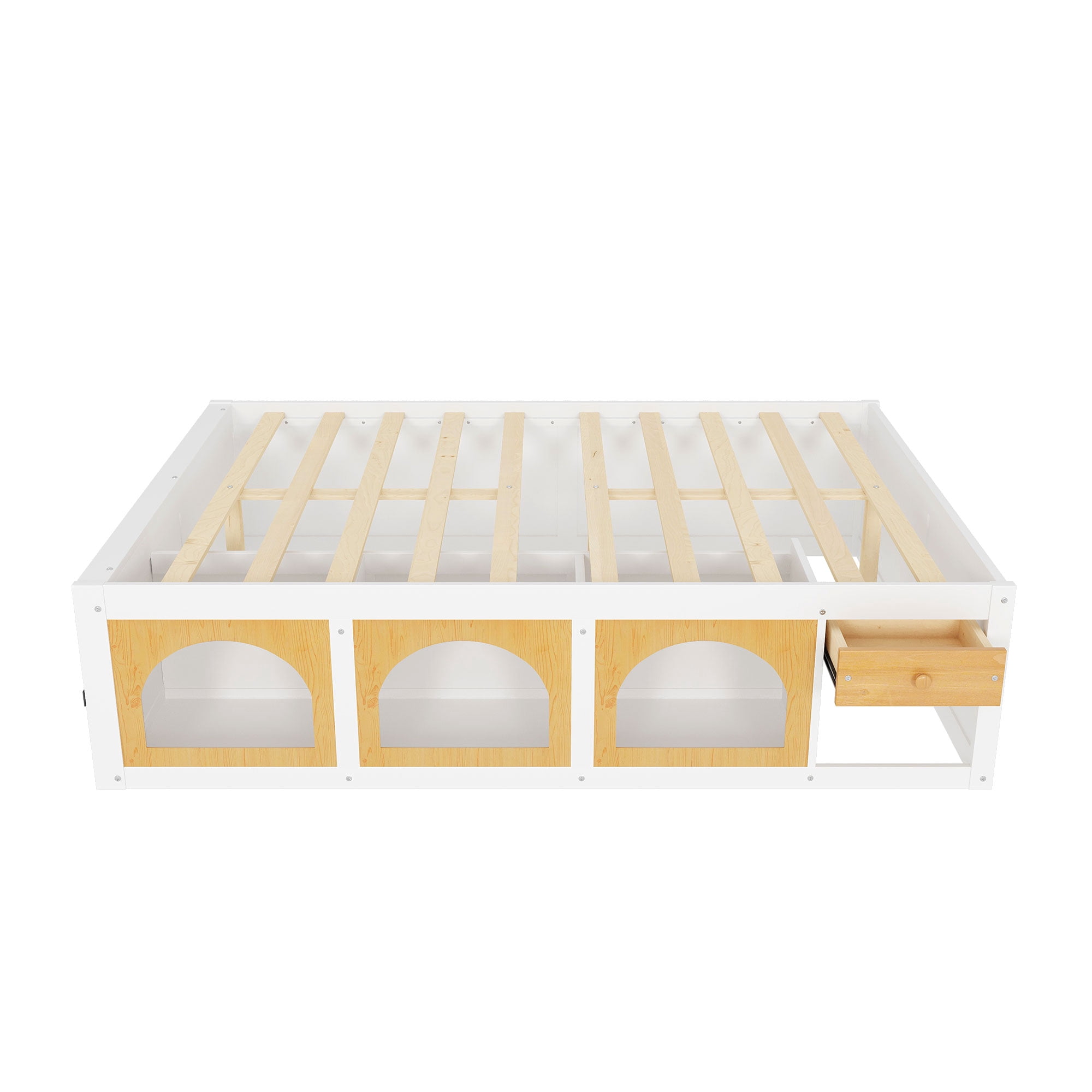 Mintazer Modern Queen Size Bed with Bookshelf and 3 Open Cubbies & Drawer, Platform Bed Frame with LED Light for Kids Bedroom, Natural & White
