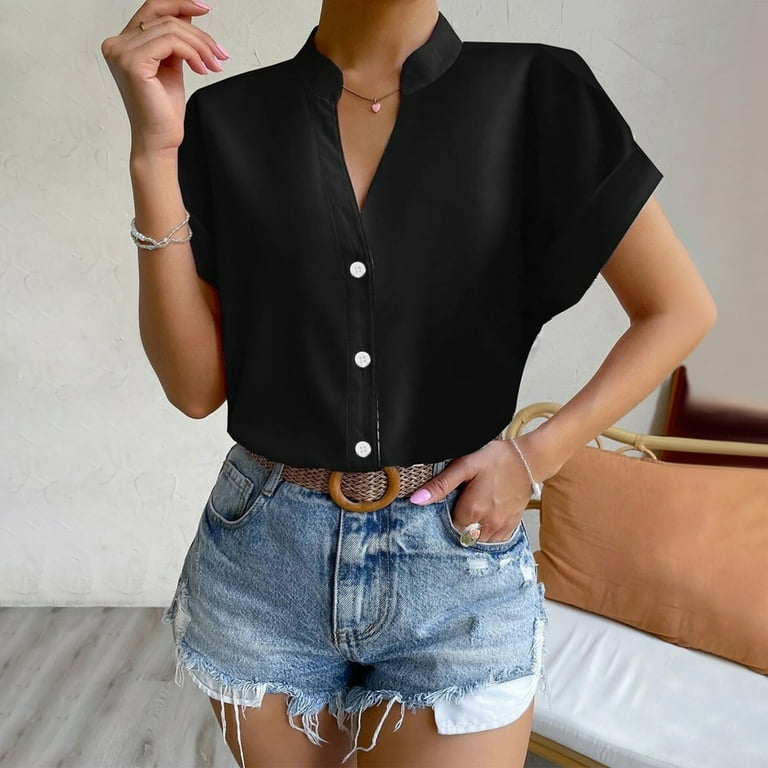 Womens Blouse Shirts Button V Neck Short Sleeve Summer Tops for Women  Dressy Casual Formal Business Solid Shirt (Medium, Black)