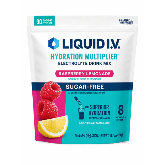 Liquid I.V. Hydration Multiplier Sugar-Free Electrolyte Drink Mix, Raspberry Lemonade, 30 Stick Packets