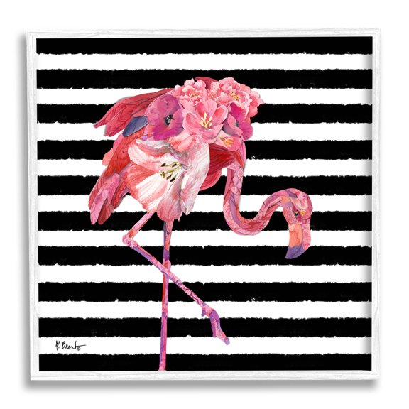 Floral Stripes Flamingo Bird Animals & Insects Graphic Art White Framed Art Print Wall Art