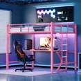 thumbnail image 2 of Zimtown Loft Bed Queen Size with LED and Charging Station, Metal Bunk Bed Frame,Heavy Duty Metal Slat Support,Pink, 2 of 9