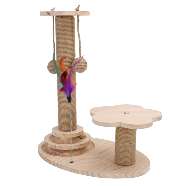 Poste Rascador Multifuncional Para Gatos, Base De Madera Maciza Con Cuerda De Sisal Natural, Juguete De Peluche Suave Para Gatos De Interior, 15 X 18,11 Pulgadas