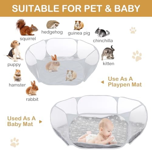 Hamster Playpen with Mat Small Animal Cage Tent Breathable Transparent Guinea Pig Playpen Waterproof Portable Yard Fence Mat Foldable Exercise Playpen Outdoor Indoor (Gray,Star)