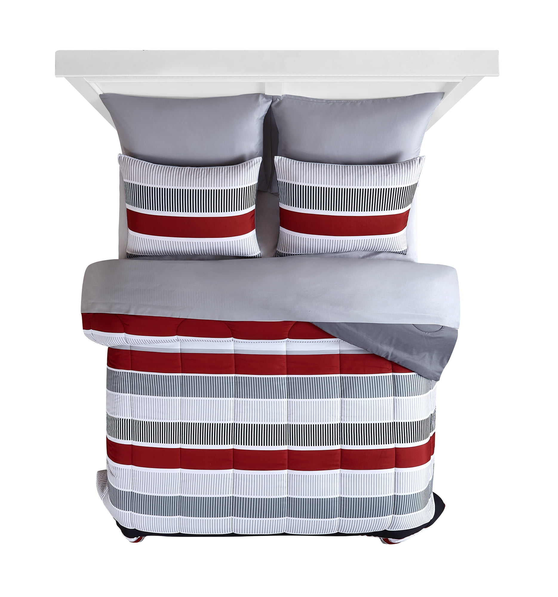 Mainstays Red and Gray Stripe 8 Piece Bed in a Bag Comforter Set With Sheets, King