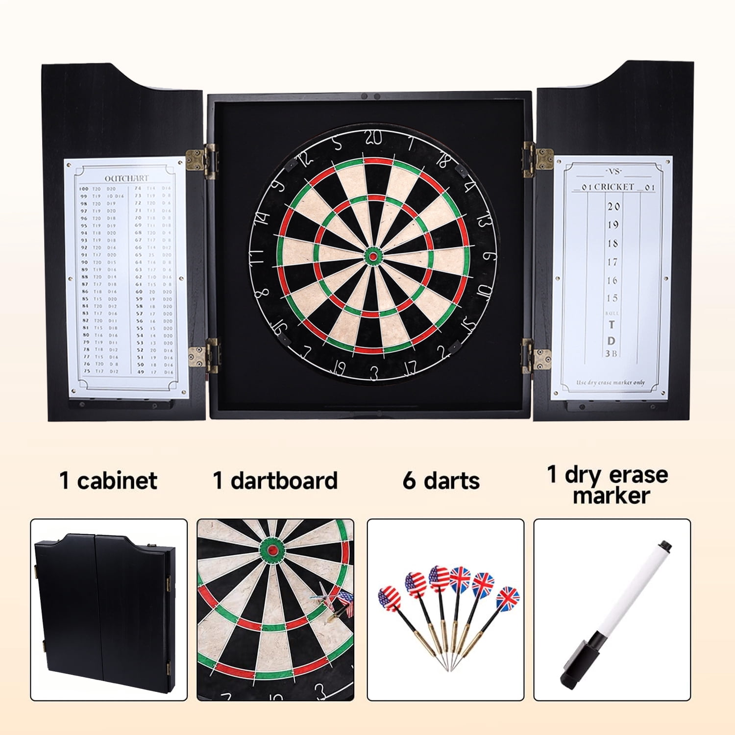 GSE Games & Sports Expert Solid Wood Dartboard Cabinet Set with Sisal Fiber Dartboard, Dart Scoreboard and 6 Steel Tip Darts for Target Game Indoor Game (Black)