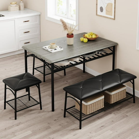 Kitchen Table Set with Bench and Stools, Dining Table Set for 4 with Upholstered Bench, Metal and Wood Dining Room Table Set with Storage Shelves for Small Space, Apartment-Grey