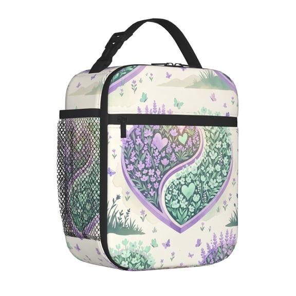Love Heart Lunch Bag Insulated Reusable Cooler Tote Portable Meal Prep Bag Side Mesh Pocket Work Office Picnic
