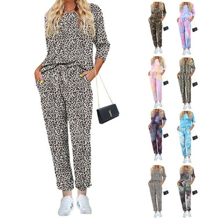 

2020 Cross-Border Outdoor Home Suit Women s European And American Autumn And Winter Tie-Dyed Printed Long Sleeve Trousers Split Pajamas