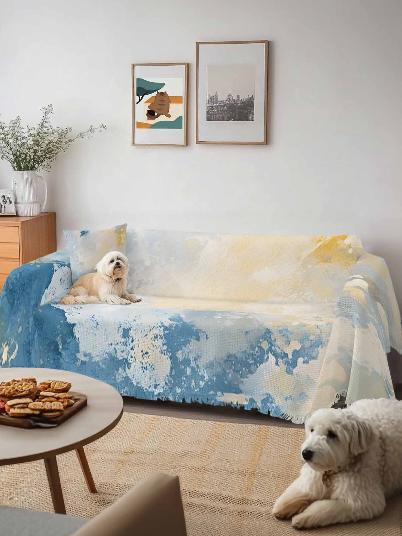 Blue Yellow Couch Cover for 2 Cushion Couch, Modern Vintage Oil Painting Abstract Washable Love Seat Sofa Covers Slipcover, Throw Sofa Covers for Pets, Furniture Protector 71"x102"