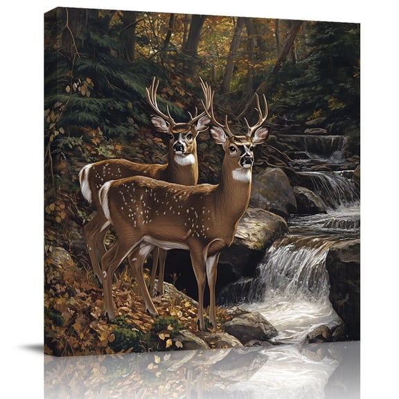 Wall Art Prints, Forest Deer Framed Canvas Prints for Bedroom Living Room Bathroom Office, Farmhouse Vintage River Elk Gallery Wrap Wall Art Poster for Gifts Home Decor 24"x24"